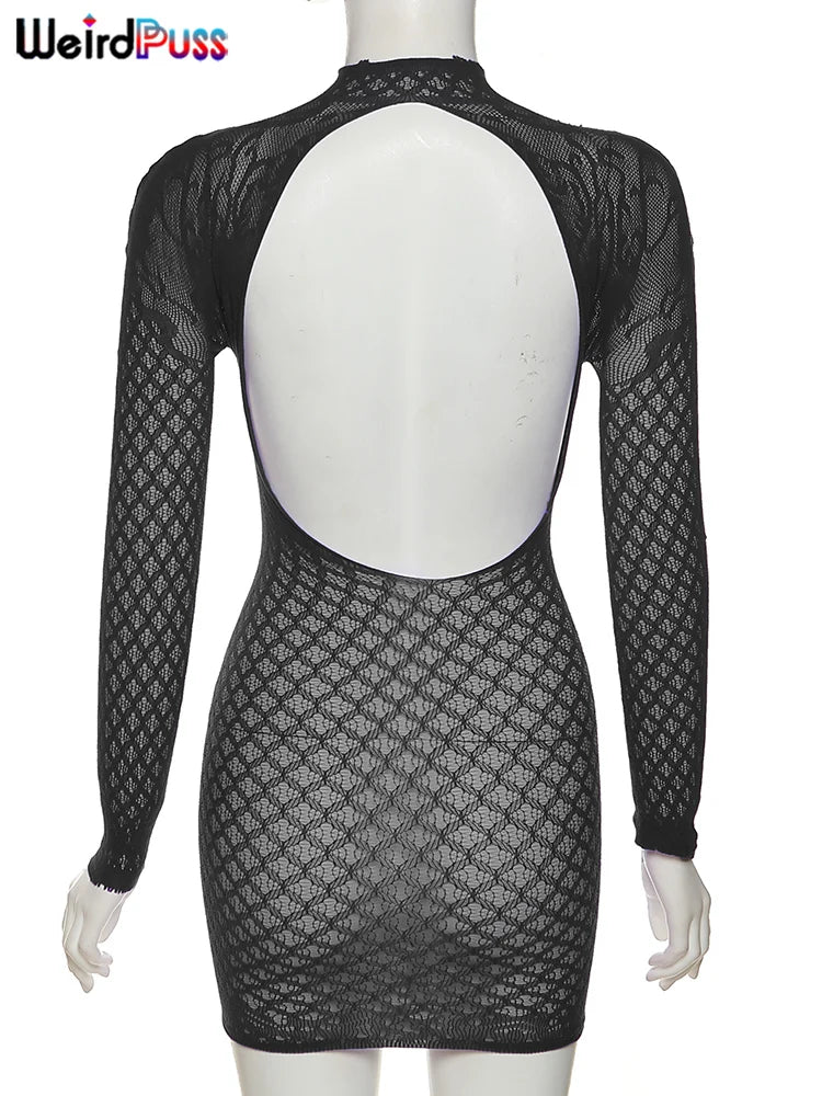 Weird Puss Sexy Women Dress See Through Long Sleeve Prom Coquette Backless Chic Pattern Mini Bodycon Midnight Party Clubwear