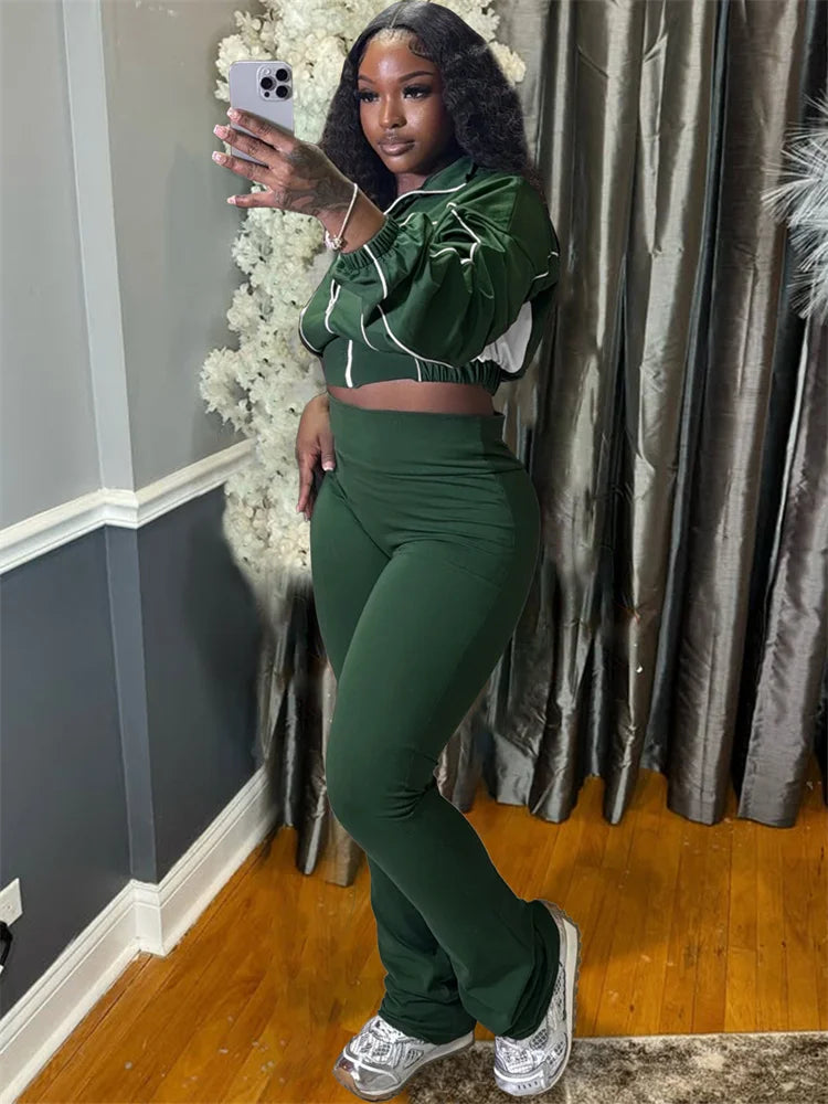 Weird Puss Casual 2 Piece Set Women Tracksuit Patchwork Full Sleeve Zip Elastic Hem Crop Jacket+Flared Pants Sporty Streetwear
