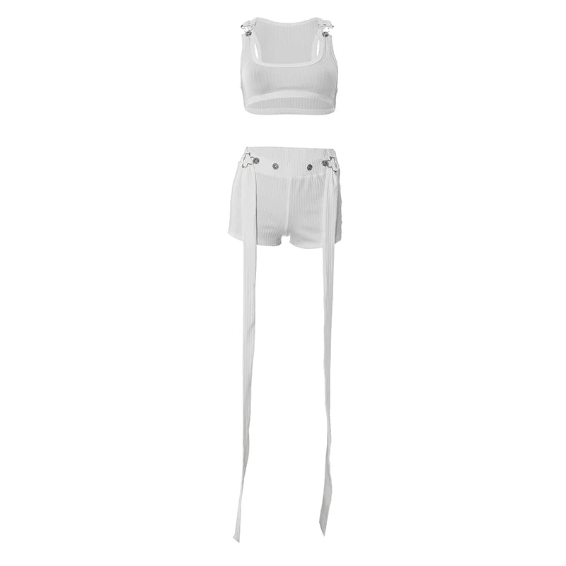 Weird Puss Metal Buckle Decoration 2 Piece Set Women Square Collar Tank Tops+Long Ribbon Shorts Hottie High Street Style Outfits