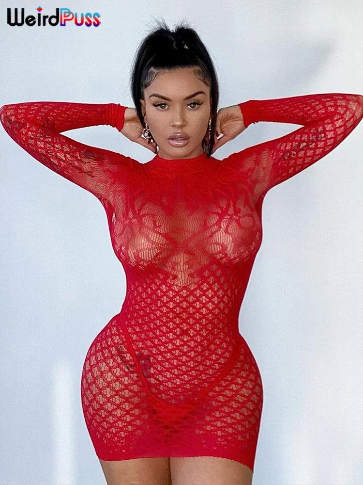 Weird Puss Sexy Women Dress See Through Long Sleeve Prom Coquette Backless Chic Pattern Mini Bodycon Midnight Party Clubwear