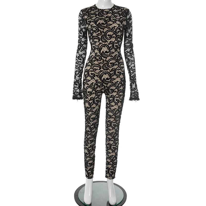CUTENOVA Women'S Sexy Round Neck Pullover Lace Patchwork Lining Button Backless Long Sleeve See Through Slim Bundle Leg Jumpsuit