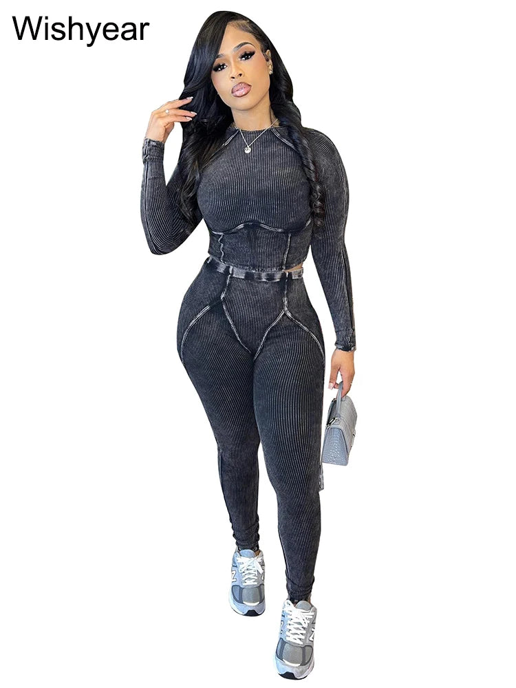 Fitness Blue Knitted Ribbed Street Jogging Tracksuits Women's Long Sleeve Crop Tops and Pants Two 2 Piece Sets Birthday Outfits
