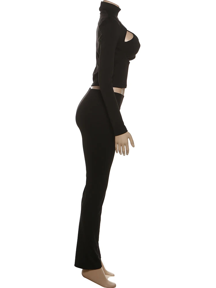 Weird Puss Sexy Hipster 3 Piece Set Woman Camisole+Turtleneck Hollow Full Sleeve Crop Tops+Pants Street Stretch Street Outfits