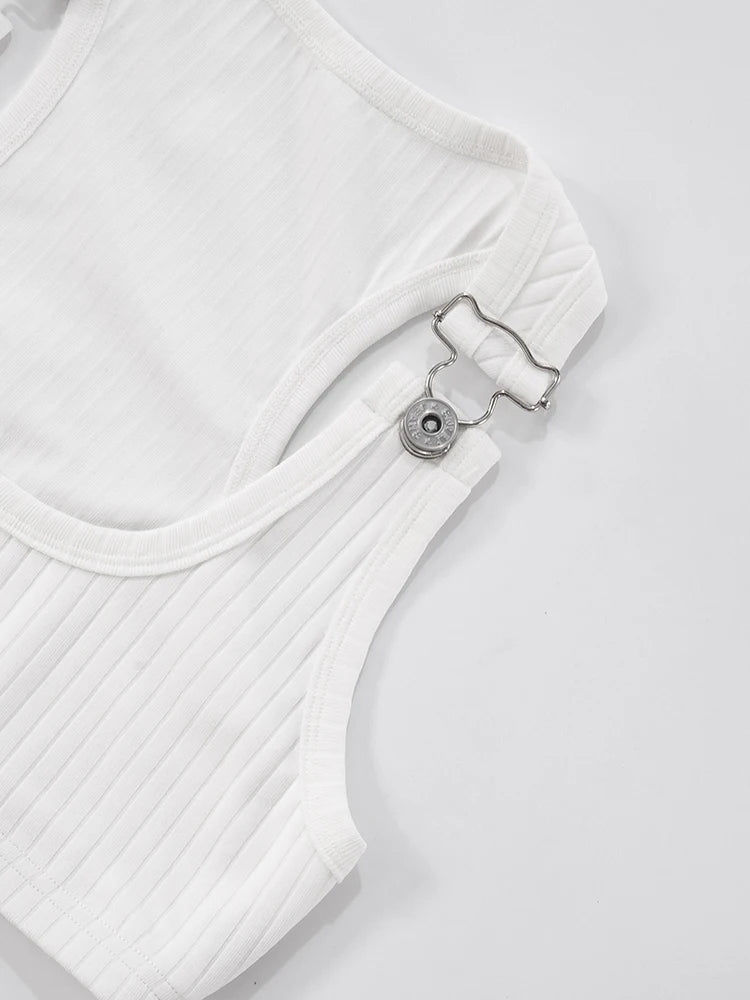Weird Puss Metal Buckle Decoration 2 Piece Set Women Square Collar Tank Tops+Long Ribbon Shorts Hottie High Street Style Outfits