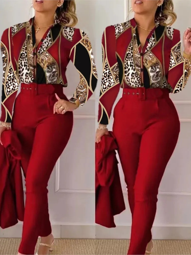 Autumn Winter Stand Neck Floral Print Long Sleeve Shirt Pants Two Piece Sets Elegant Women Casual Shirt Trousers Suits With Belt