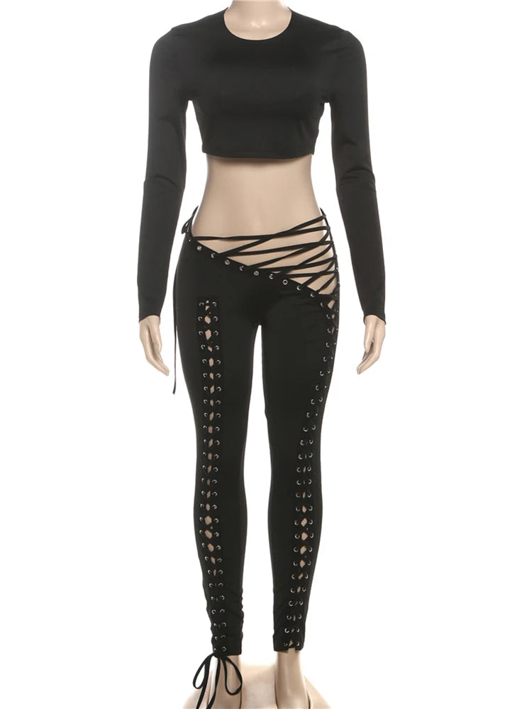 Weird Puss Sexy Women 2 Piece Set Casual Tracksuit Full Fall Crop Tops+Shirring Irregular Pants Stretch Streetwear Skinny Suits