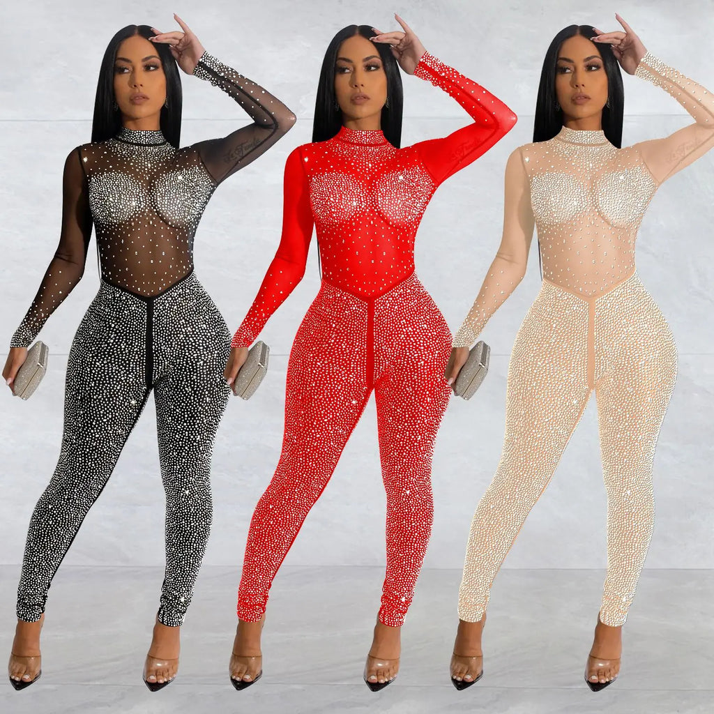 High Quality 2022 Long Sleeve Skinny Sexy Diamonds Jumpsuits Women High Neck Mesh See Through Black Club Party Jumpsuit Rompers
