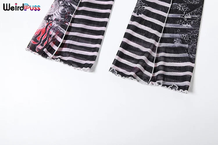 Weird Puss Aesthetic Print Sexy Women 2 Piece Set See Through Midnight Spring Turtleneck Crop Tops+Pants Stretch Skinny Clubwear