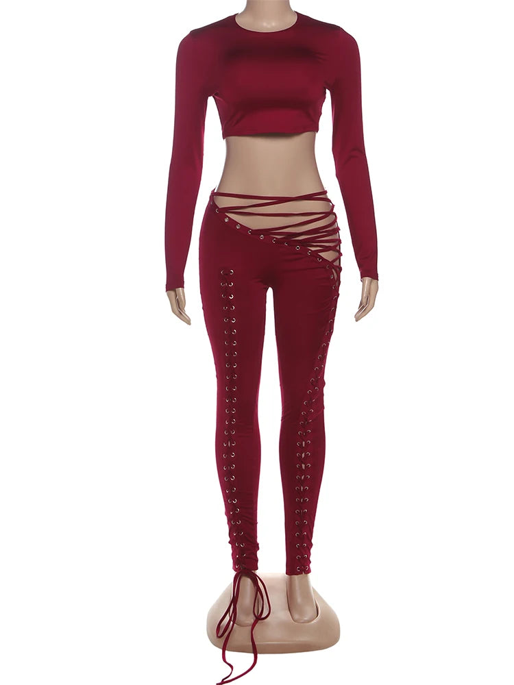 Weird Puss Sexy Women 2 Piece Set Casual Tracksuit Full Fall Crop Tops+Shirring Irregular Pants Stretch Streetwear Skinny Suits