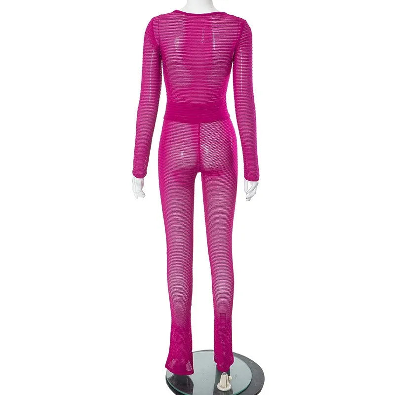 Weird Puss See Through Women 2 Piece Set Thin Sexy Long Sleeve Crop Tops+Leggings Matching Solid Summer Fashion Stretch Clubwear