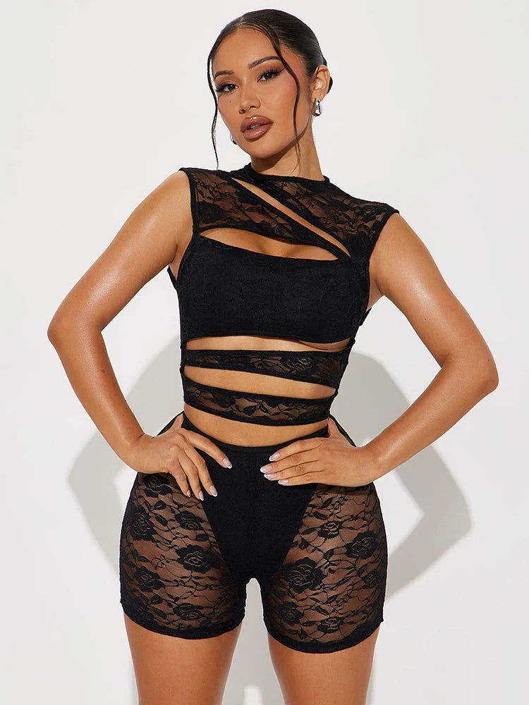 Weird Puss Sexy Hollow Playsuits Women Mesh Jacquard Patchwork Irregular Stretch Sleeveless Skinny Midnight Club Party Rompers