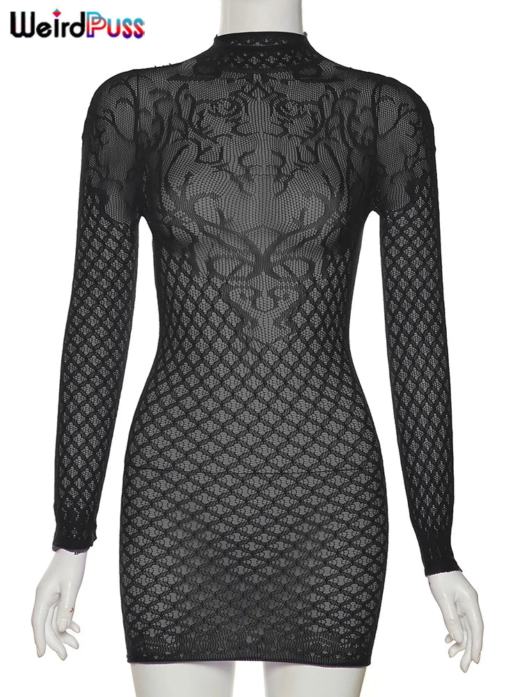 Weird Puss Sexy Women Dress See Through Long Sleeve Prom Coquette Backless Chic Pattern Mini Bodycon Midnight Party Clubwear