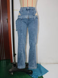 Women Sexy Belt Cut Out Jeans Fashion Streetwear Blue Washed Denim Pants 2025 Fall Winter High Waist Straight Leg Jean Trousers
