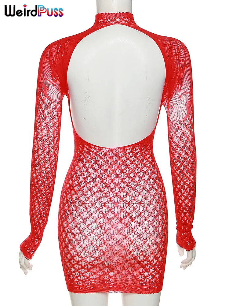 Weird Puss Sexy Women Dress See Through Long Sleeve Prom Coquette Backless Chic Pattern Mini Bodycon Midnight Party Clubwear