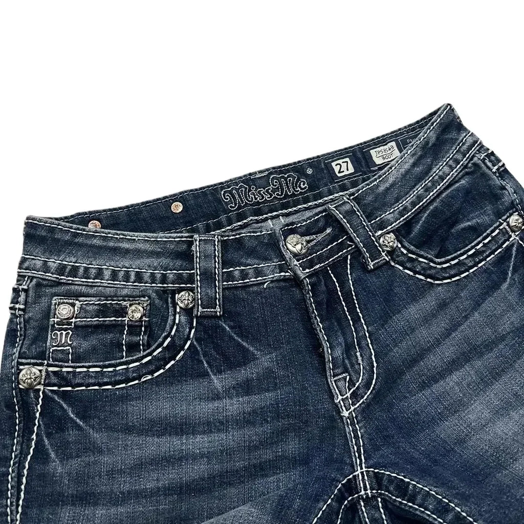 Hip Hop Harajuku Wide Pants Y2K New Gothic Revival Mens Jeans Foliage Bootcut Women Blue Denim Embroidery Pocket Streetwear