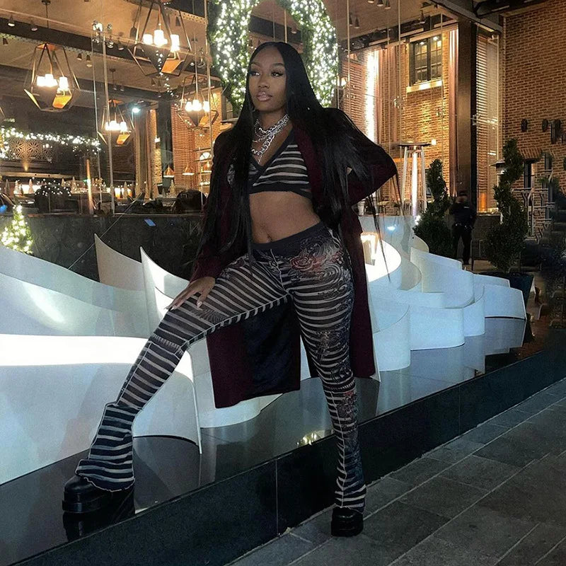 Women 2 Piece Stripped Print Mesh Cropped Shirts Tops Leggings Sets Lace Up Low-cut Top High Waist Pants Party Two Piece Outfits