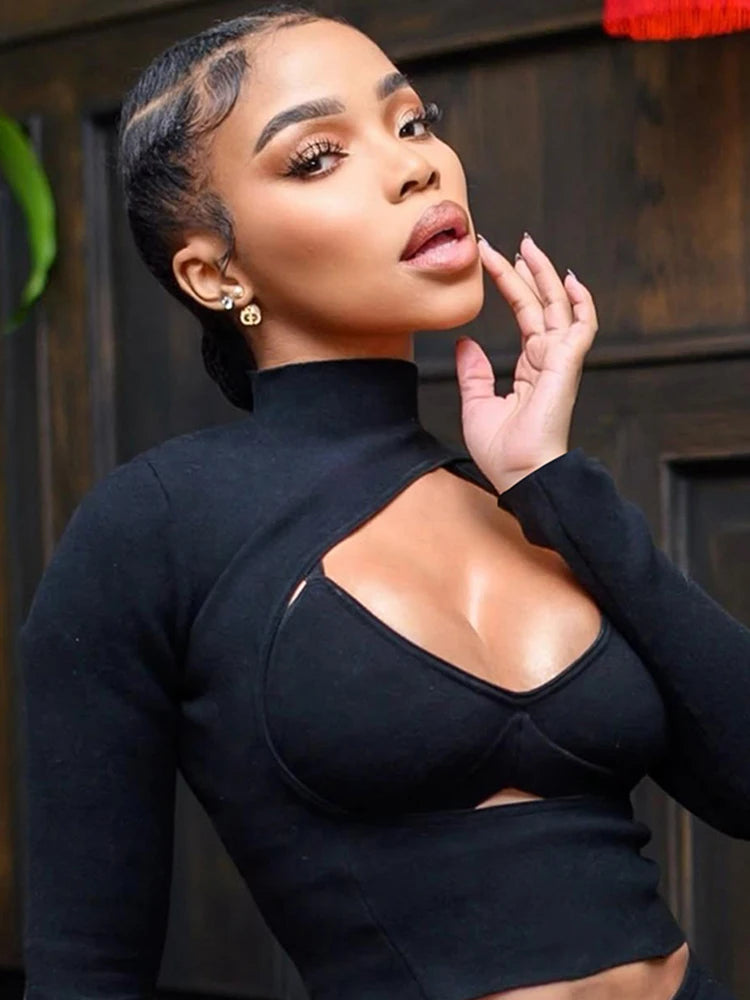 Weird Puss Sexy Hipster 3 Piece Set Woman Camisole+Turtleneck Hollow Full Sleeve Crop Tops+Pants Street Stretch Street Outfits