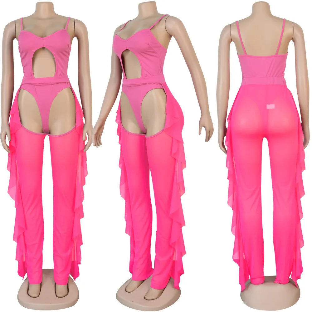 Weird Puss Summer 2 Piece Set Women Sexy Hollow See Through Bodysuit Top+Ruffles Pants Vacation Beach Matching Clubwear Outfits