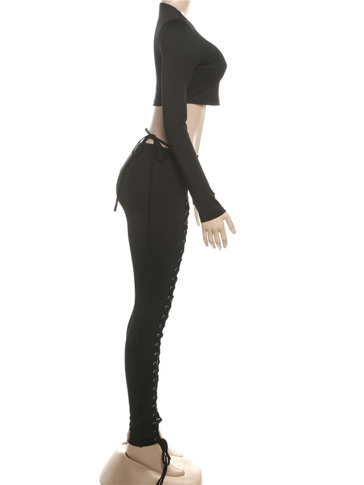 Weird Puss Sexy Women 2 Piece Set Casual Tracksuit Full Fall Crop Tops+Shirring Irregular Pants Stretch Streetwear Skinny Suits