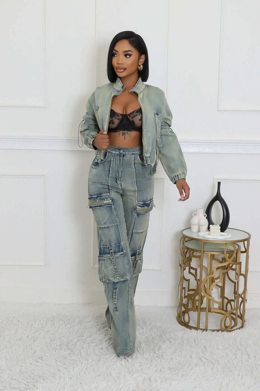 Denim Cropped Jackets 2 Piece Pant Set Sexy Outfits Y2K Streetwear 2024 Women Fall Winter Clothes Denim Jean Pant Two Piece Sets