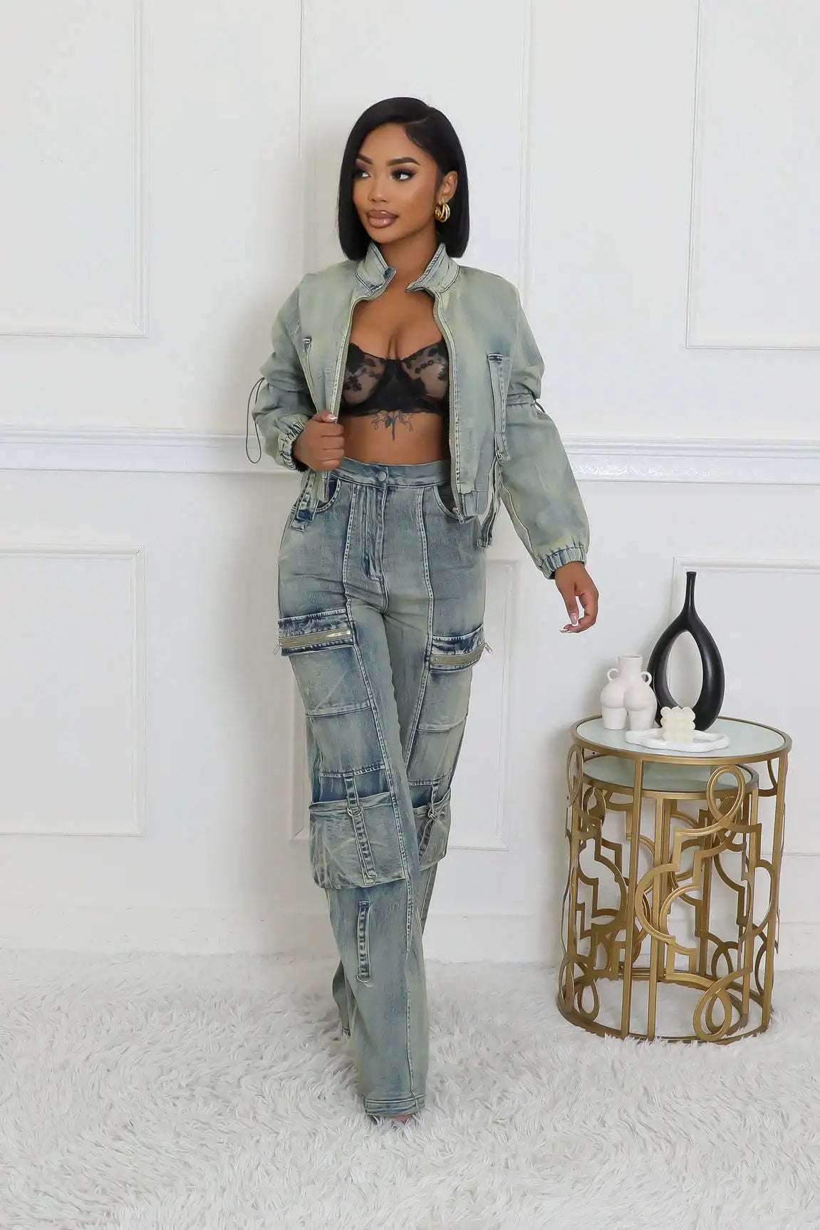 Denim Cropped Jackets 2 Piece Pant Set Sexy Outfits Y2K Streetwear 2024 Women Fall Winter Clothes Denim Jean Pant Two Piece Sets