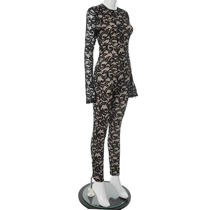 CUTENOVA Women'S Sexy Round Neck Pullover Lace Patchwork Lining Button Backless Long Sleeve See Through Slim Bundle Leg Jumpsuit