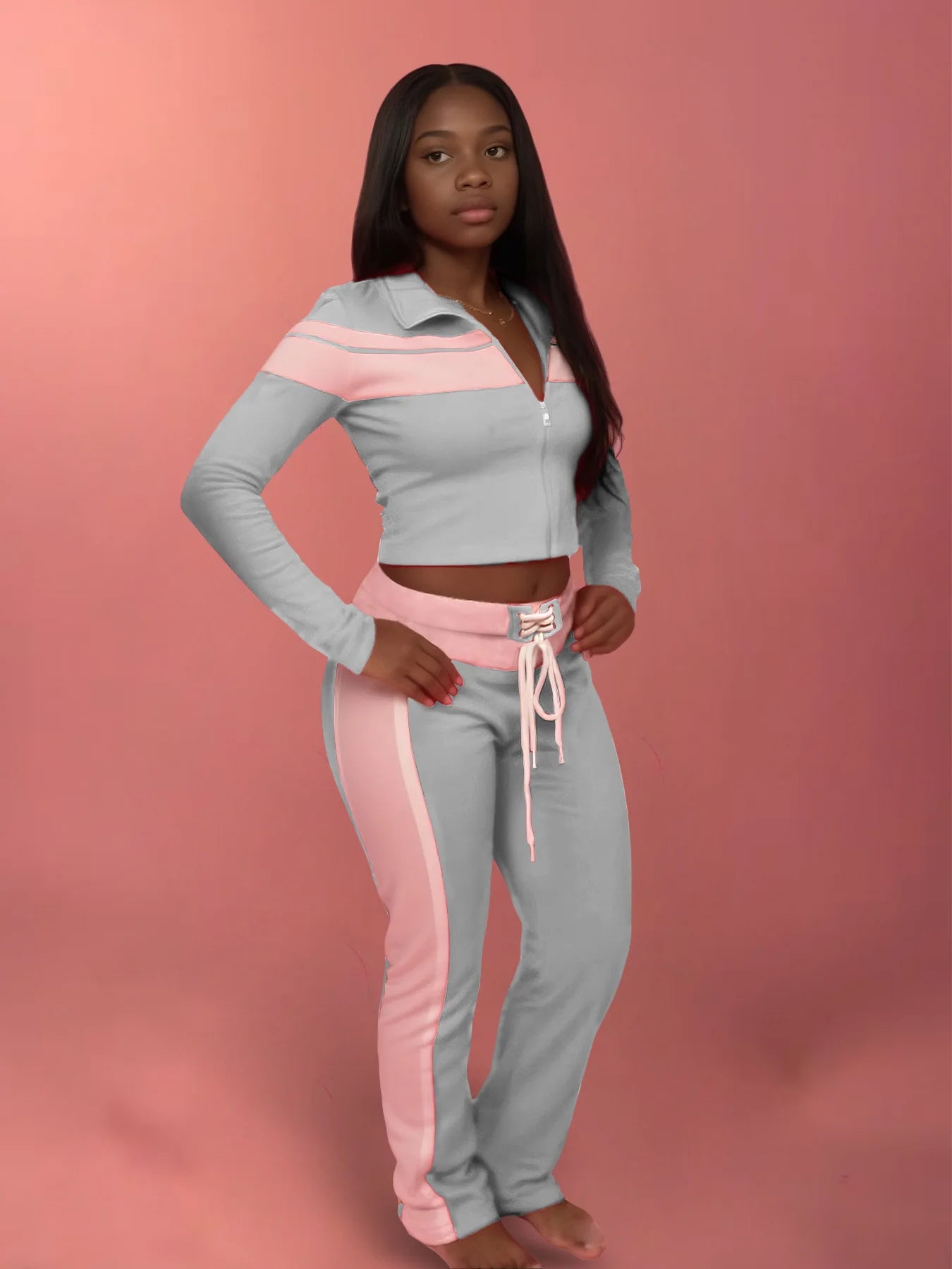 Weird Puss Casual 3 Piece Set Women Patchwork Print Zip Long Sleeve Crop Tops+Bra+Shirring Pants Matching Street Stretch Outfits