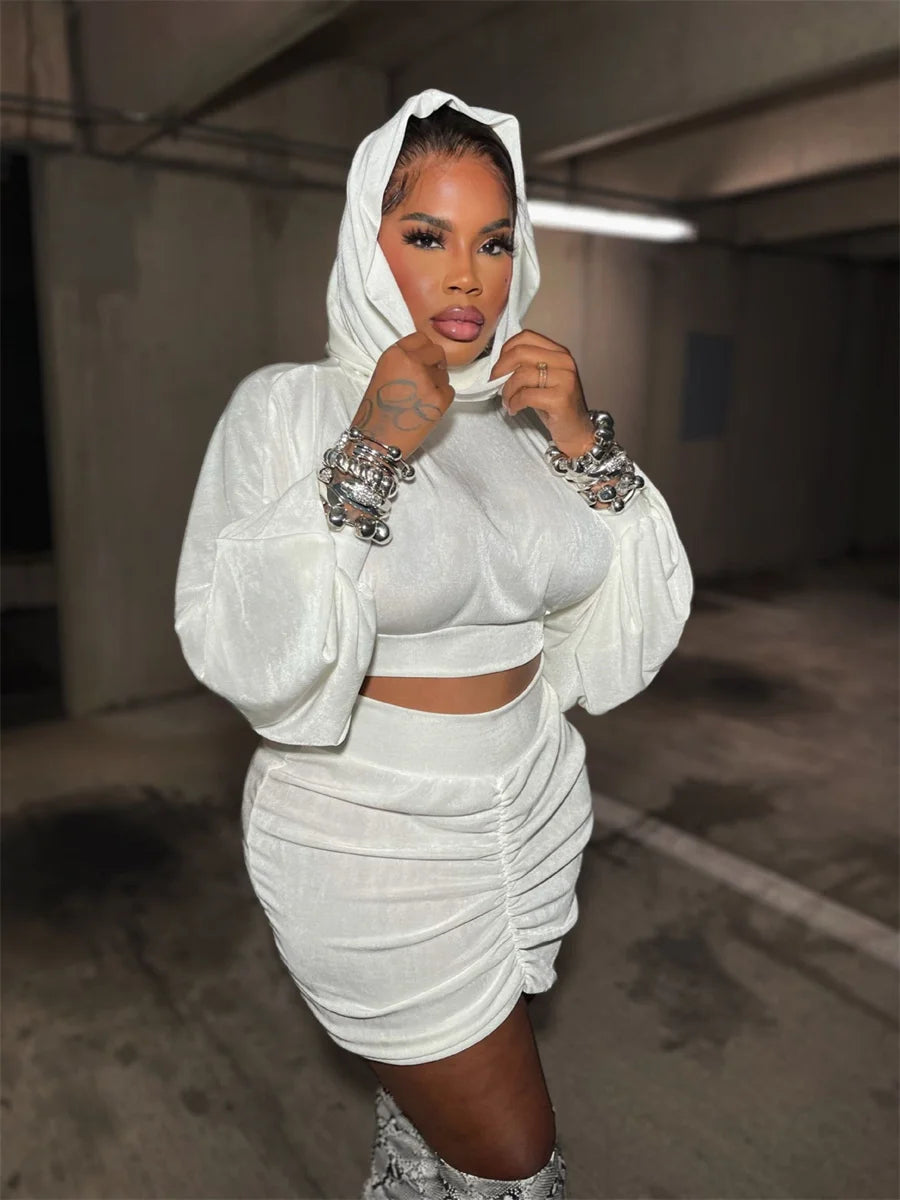 Weird Puss Sexy Hooded 2 Piece Set Women Basic Lantern Sleeves Crop Tops+Ruched Peach Buttocks Skirt Stretch Party Club Bodycon