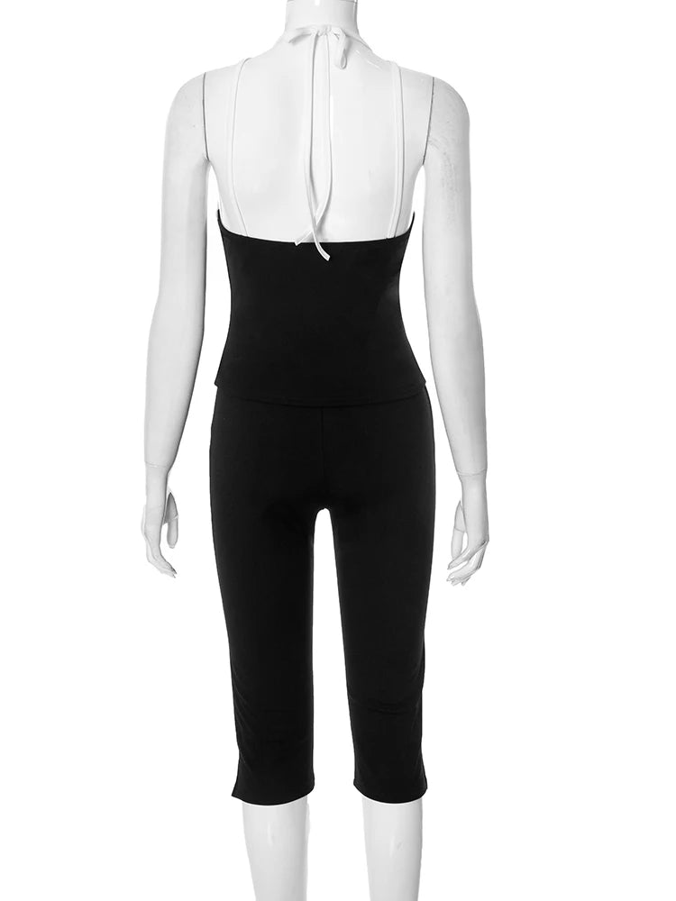 Weird Puss Casual Tracksuit 2 Piece Set Women Contrast Lace-Up Halter Backless Camisole+Stretch Pants Simple Fashion Outfits