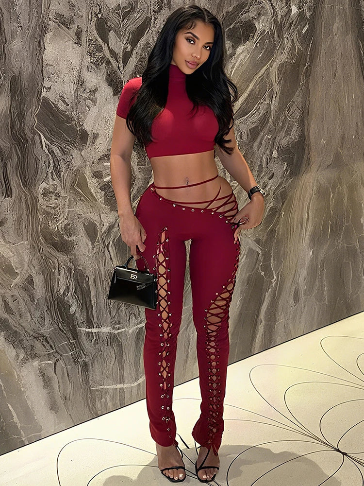 Weird Puss Sexy 2piece Set Women Hipster Halter Camisole+Shirring Hollow Pants Midnight Matching Stretch Clubwear Skinny Outfits