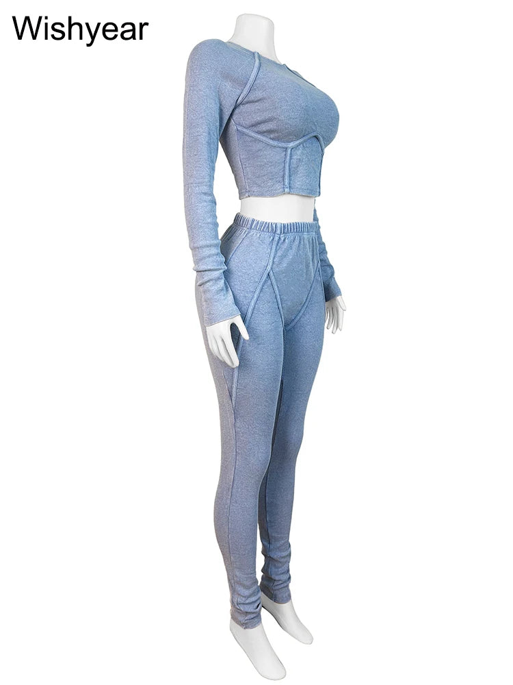Fitness Blue Knitted Ribbed Street Jogging Tracksuits Women's Long Sleeve Crop Tops and Pants Two 2 Piece Sets Birthday Outfits