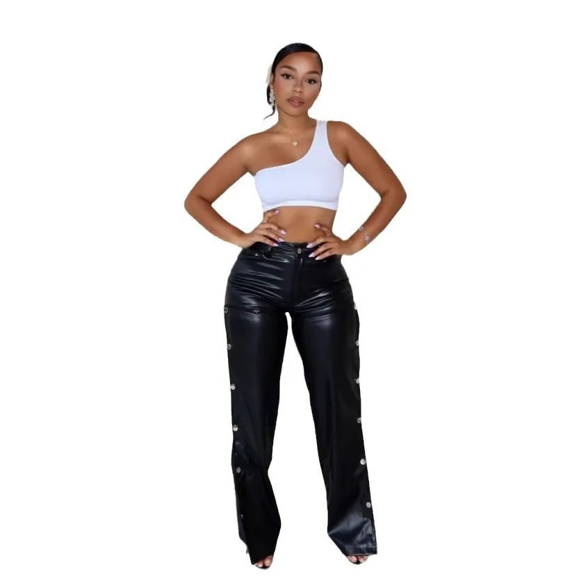 FAGADOER Leather Straight Pants For Women Y2k Streetwear Black Hollow Out Buttons Patchwork Pants Female Bottoms 2025 Spring New