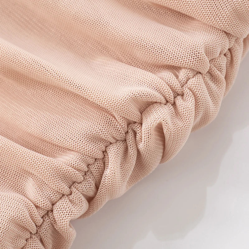 CUTENOVA Women'S Solid Color Mesh Patchwork Hanging Neck Backless Strapless Asymmetric Shrinking Pleated Package Hip Short Dress