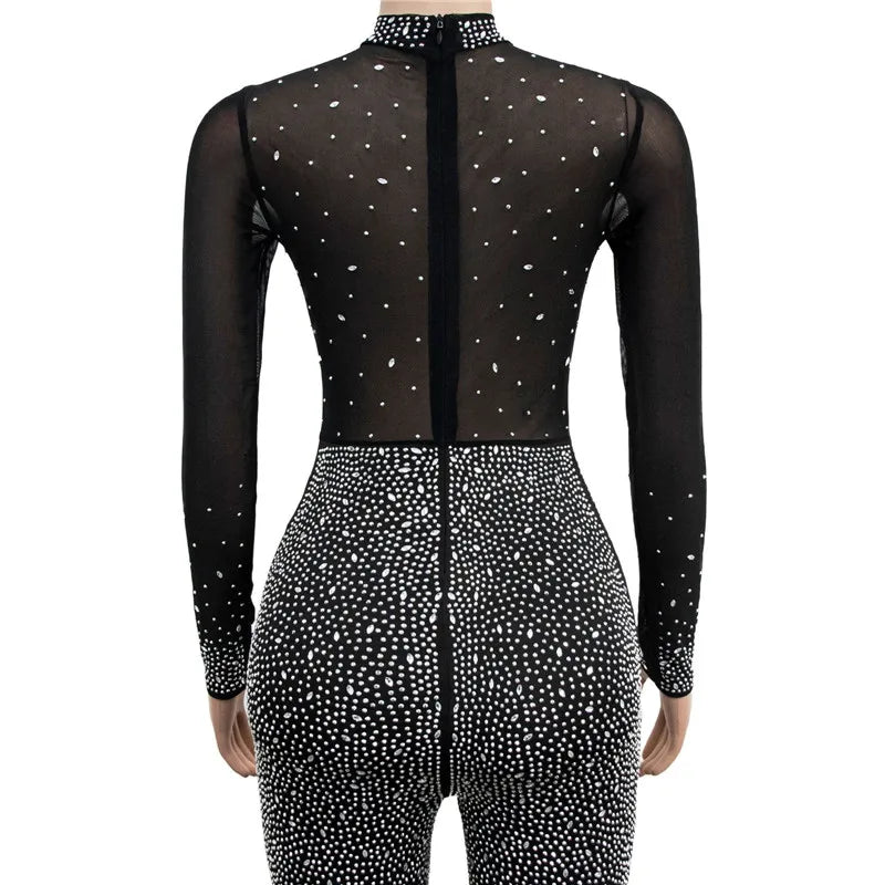High Quality 2022 Long Sleeve Skinny Sexy Diamonds Jumpsuits Women High Neck Mesh See Through Black Club Party Jumpsuit Rompers