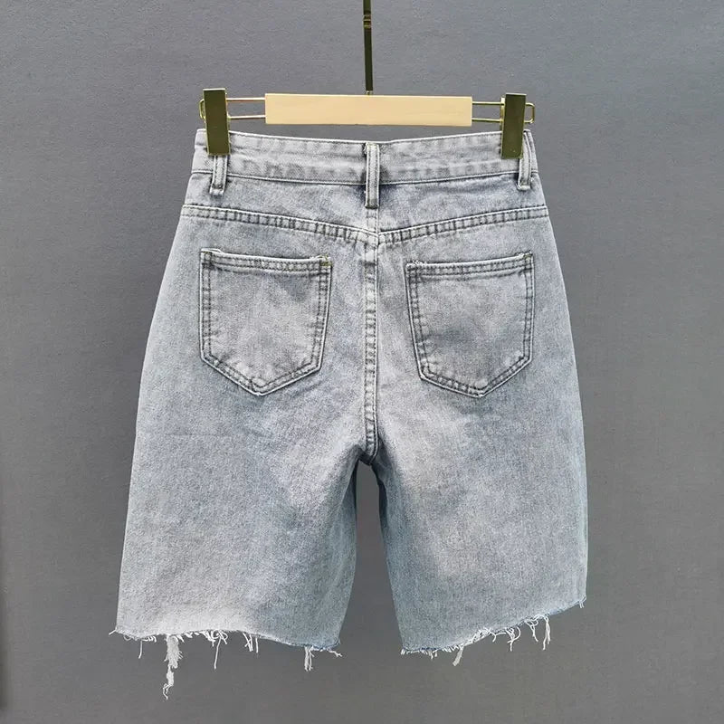 European ripped denim jeans 2025 summer new high-waist slim and heavy industry loose slimming five-point jeans