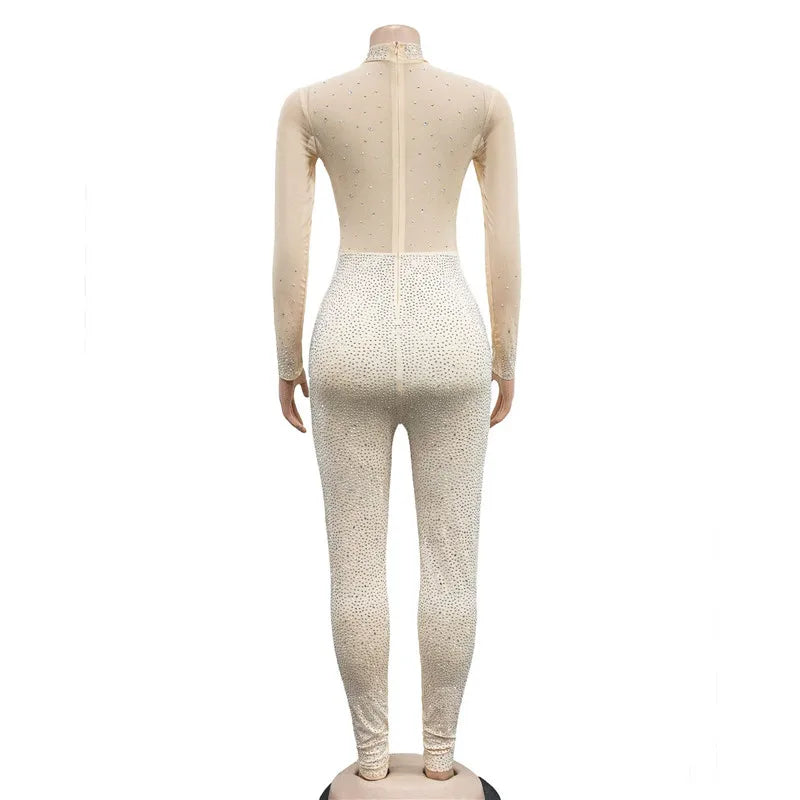 High Quality 2022 Long Sleeve Skinny Sexy Diamonds Jumpsuits Women High Neck Mesh See Through Black Club Party Jumpsuit Rompers