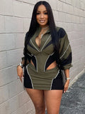 Weird Puss Contrast Patchwork 2 Piece Set Women Zipper Cardigan Irregular Hem Jacket+Skinny Mini Skirts Casual Sporty Tracksuits