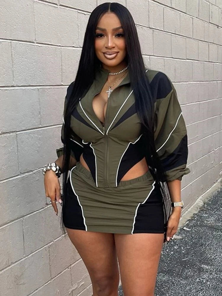 Weird Puss Contrast Patchwork 2 Piece Set Women Zipper Cardigan Irregular Hem Jacket+Skinny Mini Skirts Casual Sporty Tracksuits