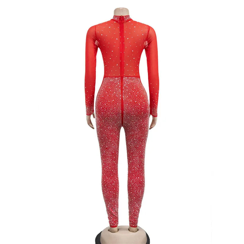 High Quality 2022 Long Sleeve Skinny Sexy Diamonds Jumpsuits Women High Neck Mesh See Through Black Club Party Jumpsuit Rompers