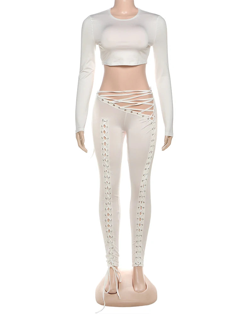 Weird Puss Sexy Women 2 Piece Set Casual Tracksuit Full Fall Crop Tops+Shirring Irregular Pants Stretch Streetwear Skinny Suits