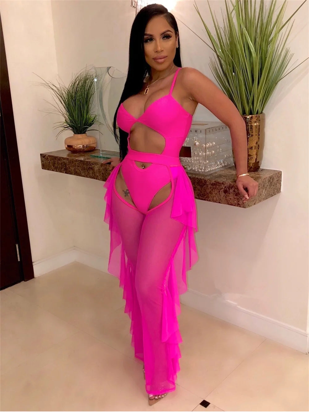 Weird Puss Summer 2 Piece Set Women Sexy Hollow See Through Bodysuit Top+Ruffles Pants Vacation Beach Matching Clubwear Outfits