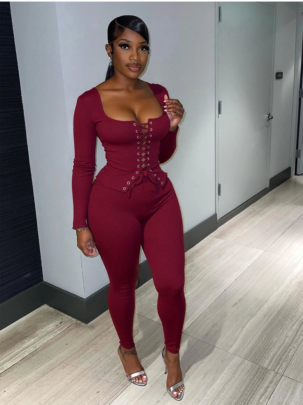 Weird Puss Hottie Tracksuits 2-Piece Set Women Shirring Square Collar Crop Top+Pants Matching Simple Sporty Stretch Slim Outfits