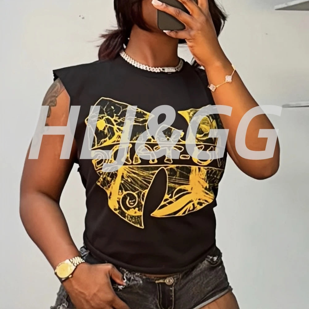 HLJ&GG Fashion Street Letter Print Tshirts Two Piece Sets Women O Neck Sleeveless Top And Shorts Outfits Y2K Female Streetwear