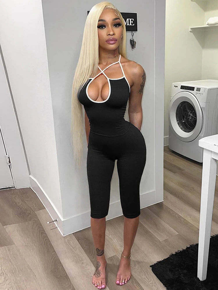 Weird Puss Casual Tracksuit 2 Piece Set Women Contrast Lace-Up Halter Backless Camisole+Stretch Pants Simple Fashion Outfits