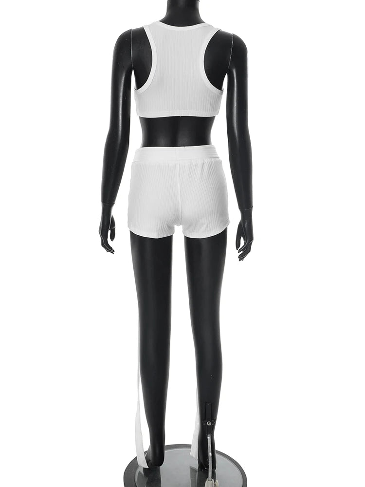 Weird Puss Metal Buckle Decoration 2 Piece Set Women Square Collar Tank Tops+Long Ribbon Shorts Hottie High Street Style Outfits