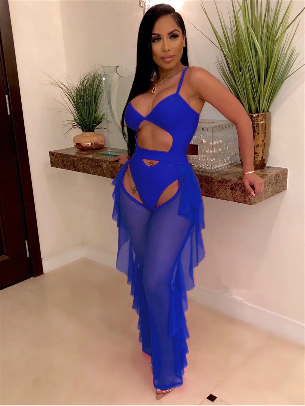 Weird Puss Summer 2 Piece Set Women Sexy Hollow See Through Bodysuit Top+Ruffles Pants Vacation Beach Matching Clubwear Outfits