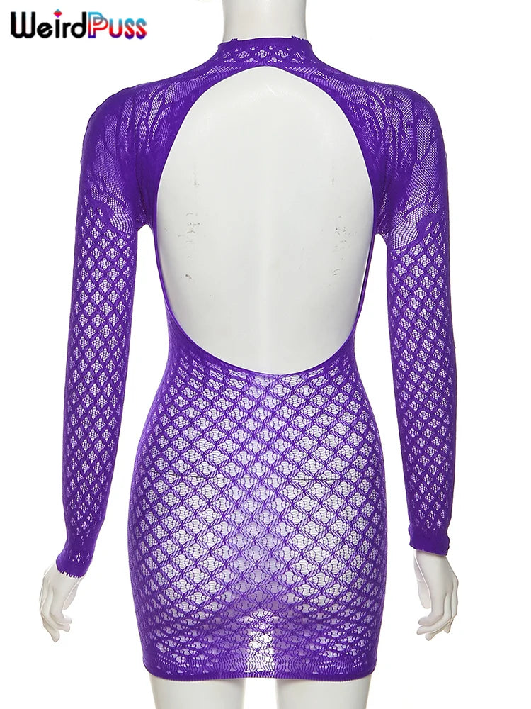 Weird Puss Sexy Women Dress See Through Long Sleeve Prom Coquette Backless Chic Pattern Mini Bodycon Midnight Party Clubwear