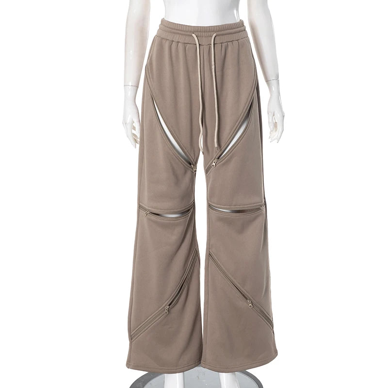 Weird Puss Zip Patchwork Pants Women Casual Sporty Solid Chic Devise Irregular Spring Fashion Basic Hipster Wide-Leg Trousers