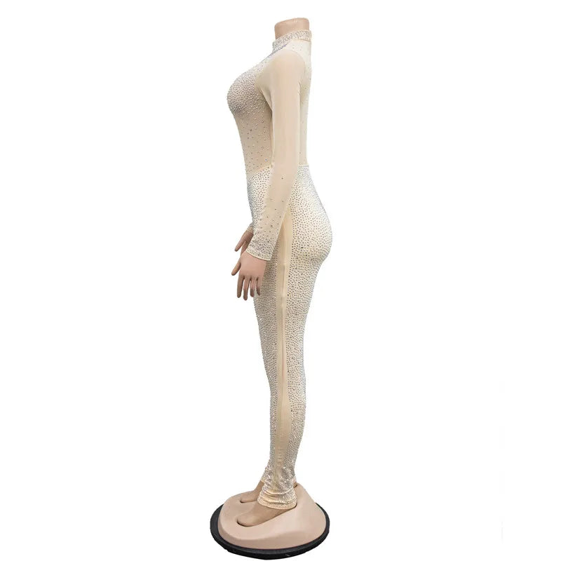 High Quality 2022 Long Sleeve Skinny Sexy Diamonds Jumpsuits Women High Neck Mesh See Through Black Club Party Jumpsuit Rompers