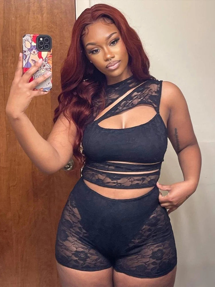 Weird Puss Sexy Hollow Playsuits Women Mesh Jacquard Patchwork Irregular Stretch Sleeveless Skinny Midnight Club Party Rompers